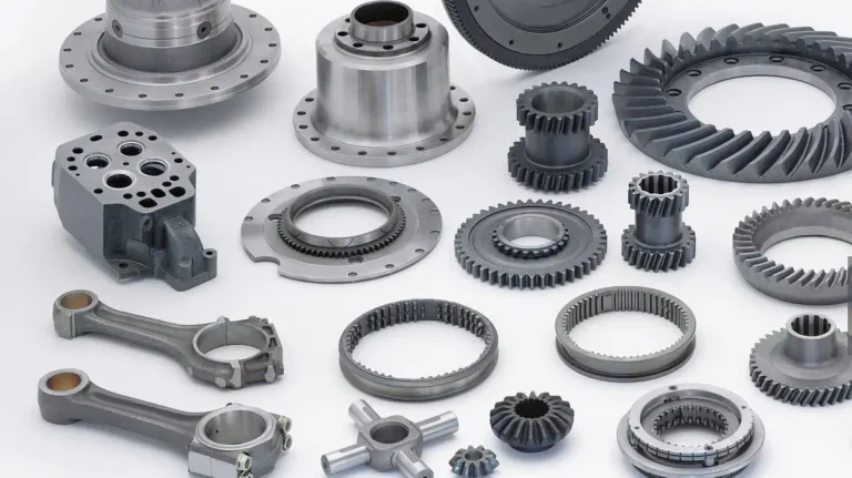A collection of precision CNC machined components including gears, housings, and engine parts