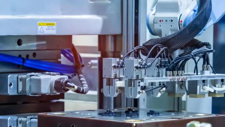 Robotic arm and CNC machining equipment operating in a high-precision manufacturing setup, showcasing automation used by a reliable CNC machining supplier.
