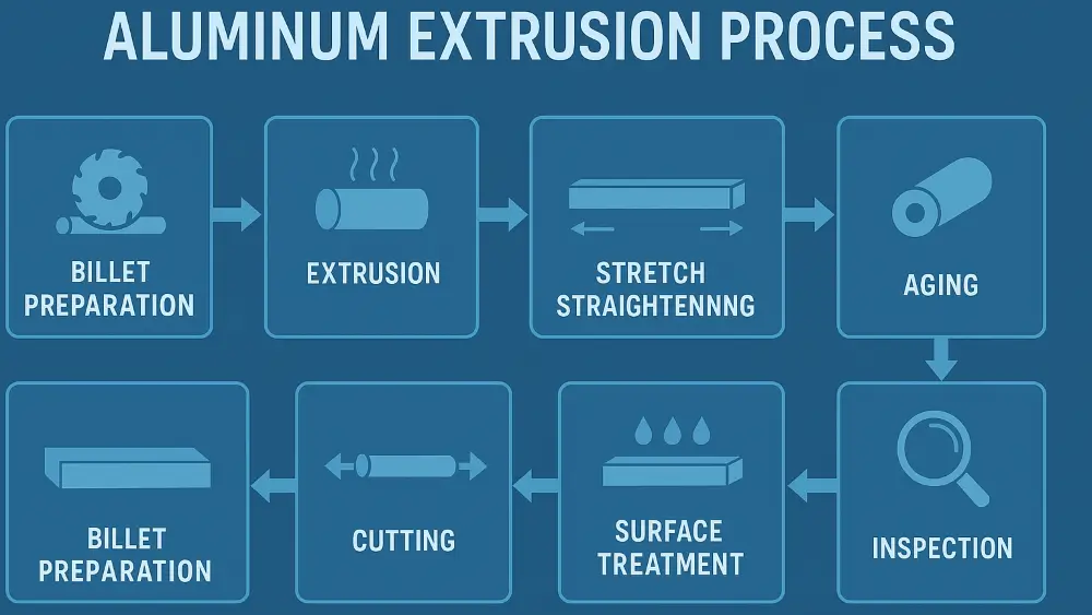 A detailed diagram illustrating the aluminum extrusion process, showing the stages of heating, high-pressure extrusion, cooling, straightening, and surface finishing of aluminum profiles.