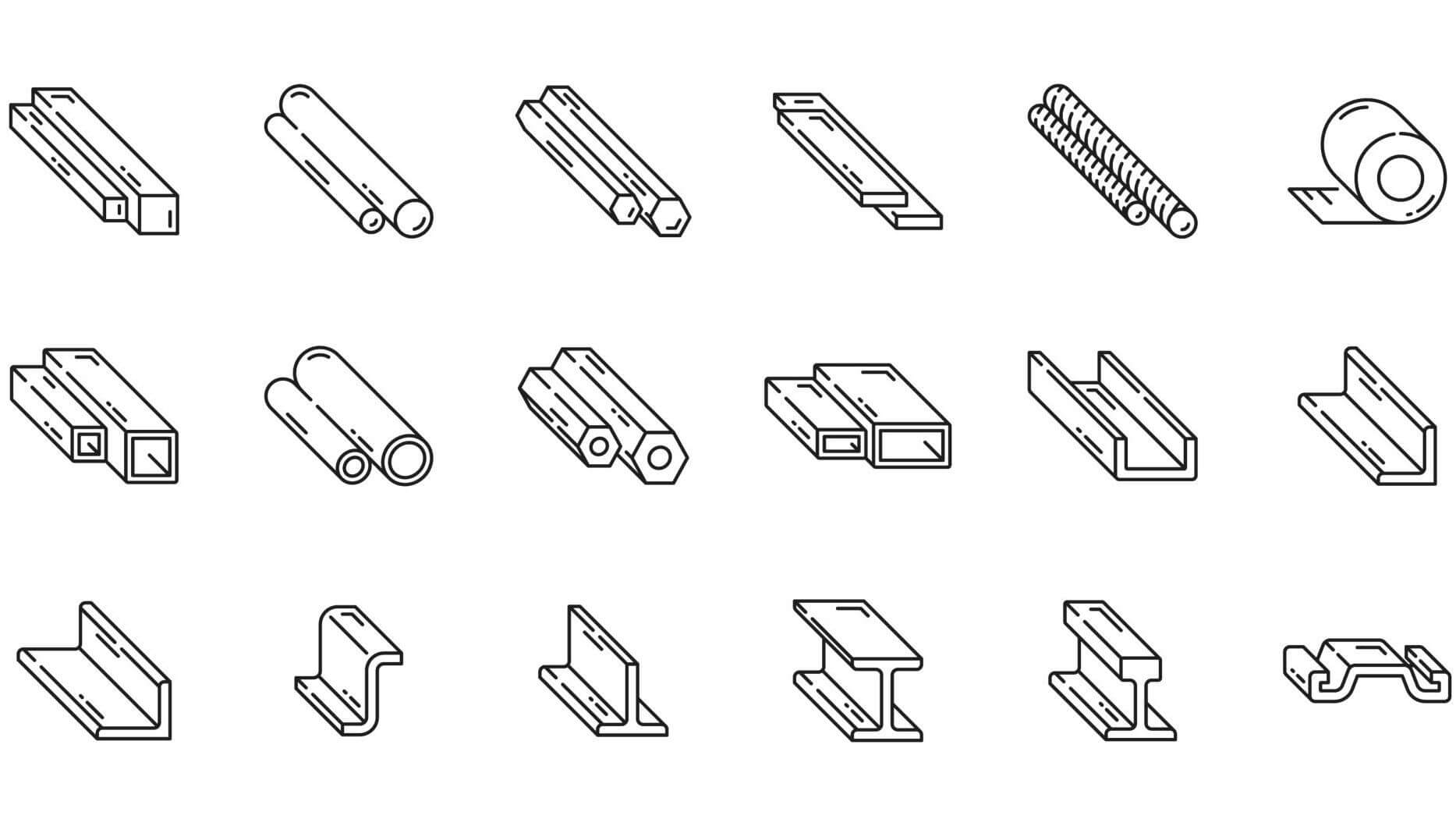 A variety of common aluminum extrusion profiles, including round, square, and T-shaped sections used in different industrial applications.