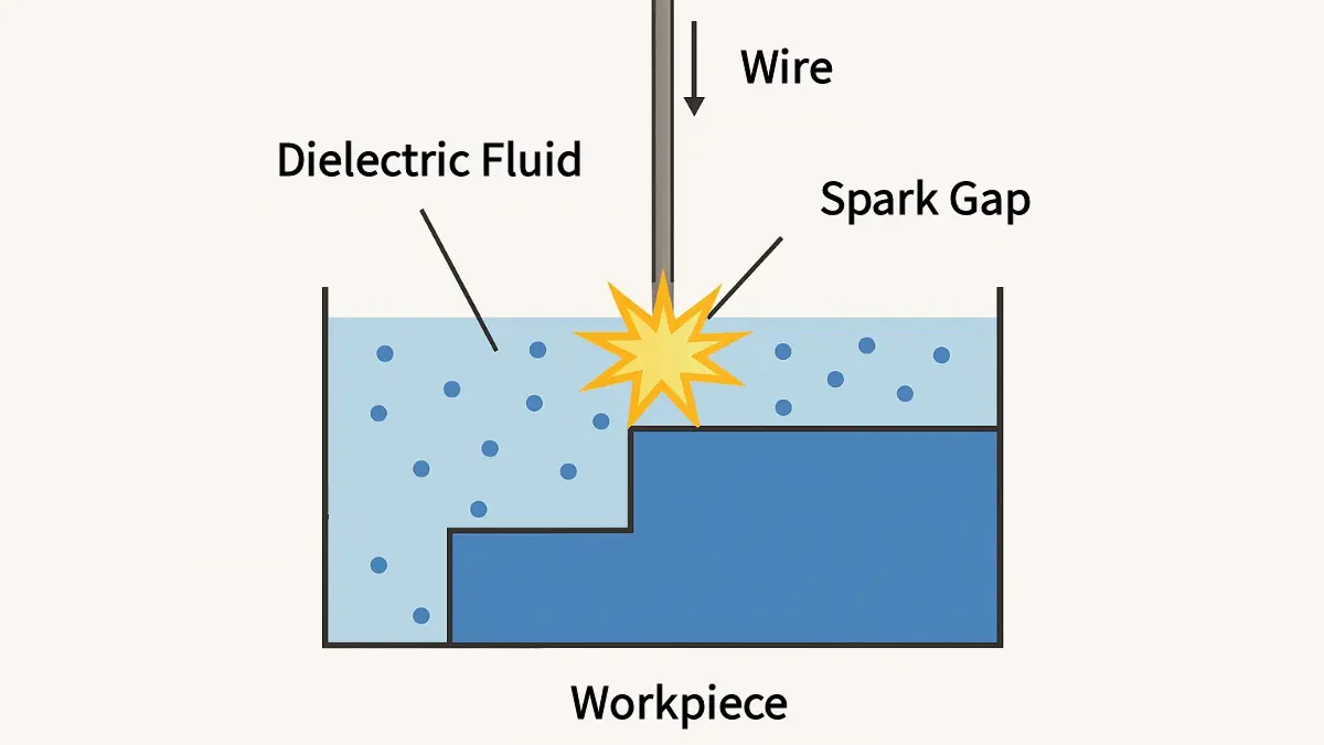 Wire EDM process diagram with wire spark and dielectric fluid