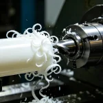 PTFE machining white rod with curly plastic shavings at cutting tool