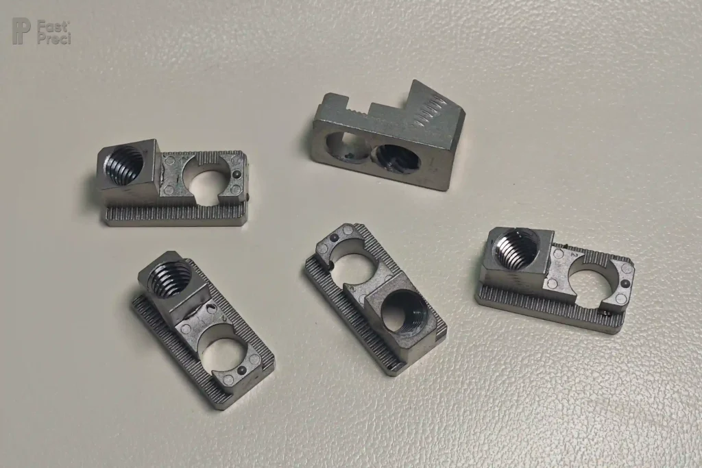 Powder metallurgy brackets with T-slots and threaded holes
