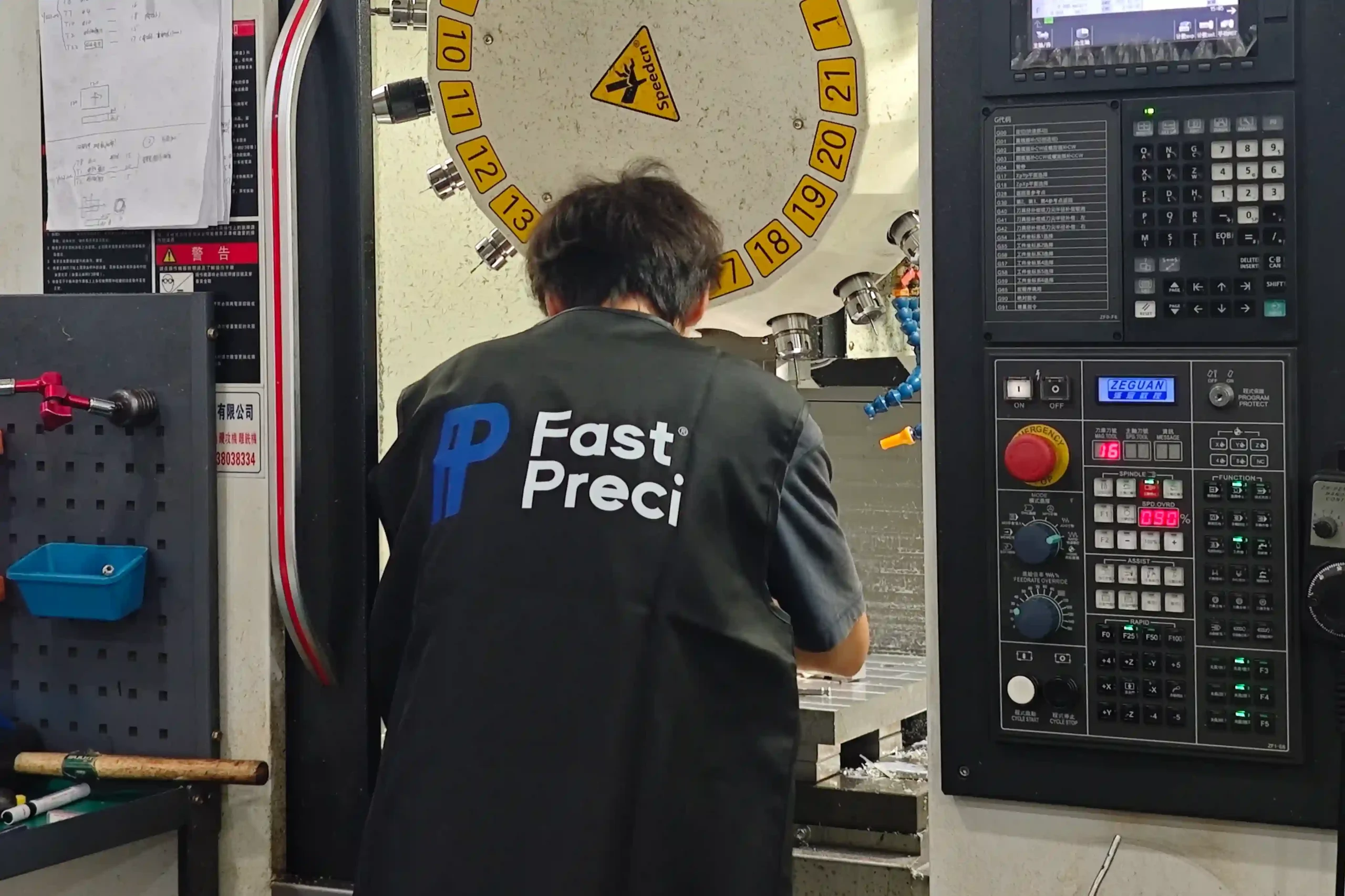 Engineer setting up workholding on a CNC machining center before cutting